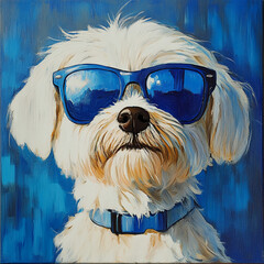 A creative painting of a dog in sunglasses on a blue background