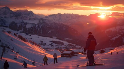 Skiing at Sunset in the Alps