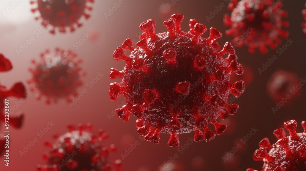 Poster red virus cells floating on a clean surface, with surrounding room for copy space.