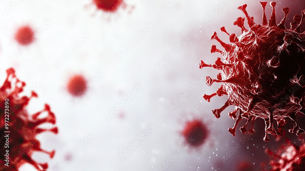 Aufkleber red virus cells floating on a clean background with room for text.
