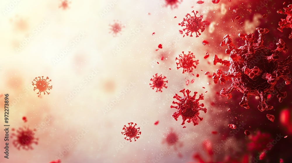 Aufkleber red virus cells floating on a clean background with room for text.
