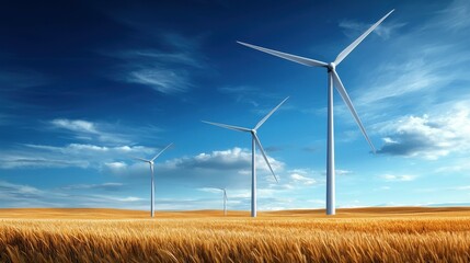 Wind turbines in a golden wheat field under a blue sky with white clouds.