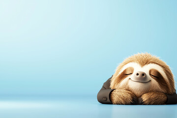 Fototapeta premium A cheerful sloth in a suit resting peacefully against a blue background, embodying relaxation and joy.