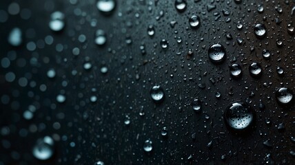Photograph of raindrops formed on a clear glass surface, showcasing beautiful reflections with a focus on texture.
