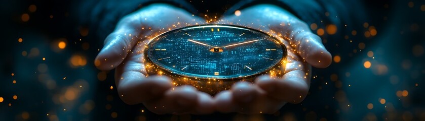 businessman holding a digital clock, holographic productivity tools, task lists, project timelines, and efficiency metrics, technology in optimizing time management design,