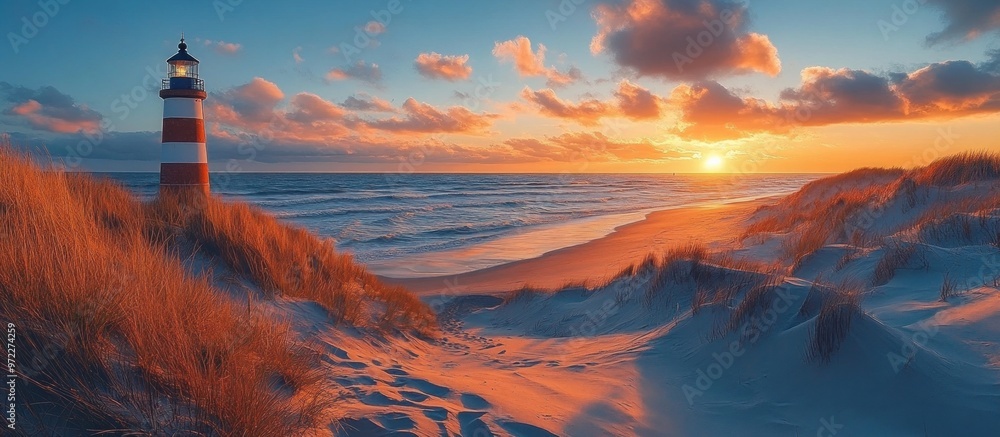 Canvas Prints Lighthouse at Sunset on a Sandy Beach