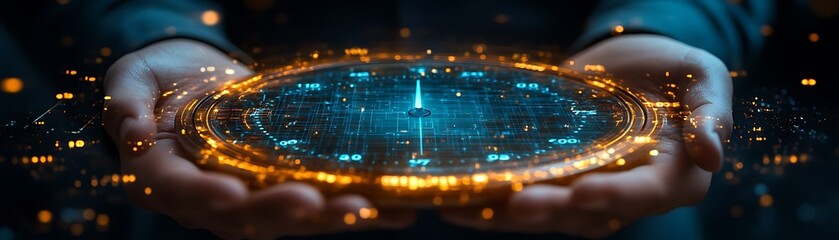 businessman holding a digital clock, holographic productivity tools, task lists, project timelines, and efficiency metrics, technology in optimizing time management design,