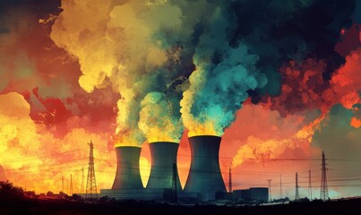 Digital illustration of a nuclear power plant against a dramatic sky. The scene is filled with intense colors and a sense of industrial power.