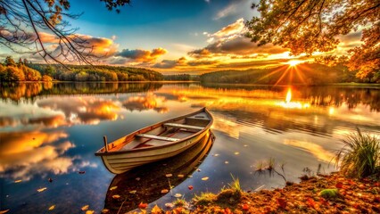 Fototapeta premium sunset on the river boat water reflection nature