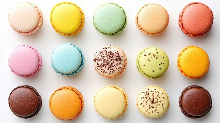 Obraz premium A variety of colorful macarons neatly arranged on a white background, showcasing their delicate texture and vibrant hues