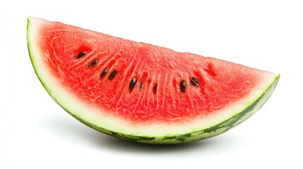 A vibrant slice of watermelon with juicy red flesh and green rind, isolated on a clean white background