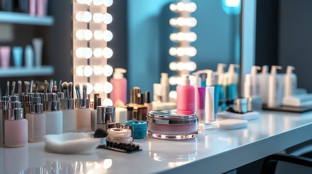 Fototapeta A makeup vanity with various skincare products and brushes.