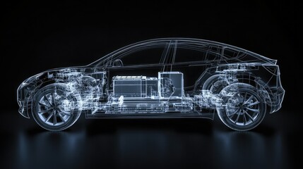 An x-ray 3D line art view of a modern electric car chassis, focusing on the battery, isolated in a professional studio setting