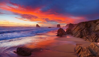 A sunset glows over a rocky beach with waves crashing powerfully