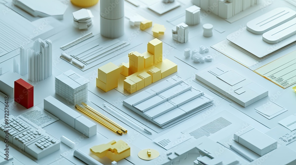 Poster top-down view of a 3d cost structure model for business, clear copy space.