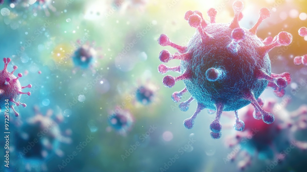 Aufkleber virus cell structure in a 3d model on a bright background, with ample copy space.