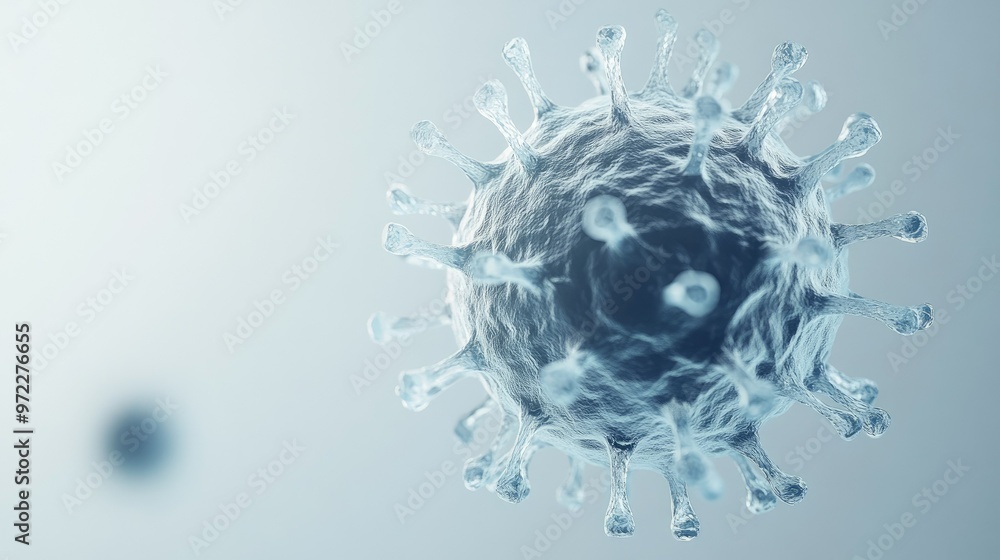Poster virus cell structure in a 3d model on a bright background, with ample copy space.