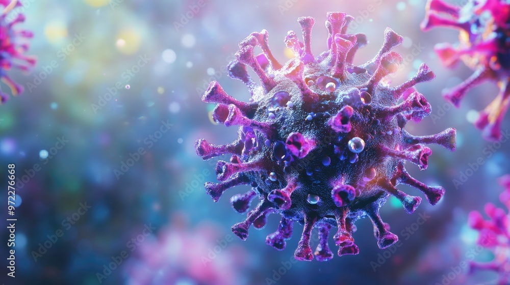 Poster virus cell structure in a 3d model on a bright background, with ample copy space.