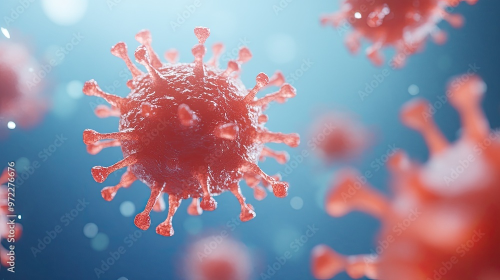 Poster virus cells in red, floating on a blue background with copy space.
