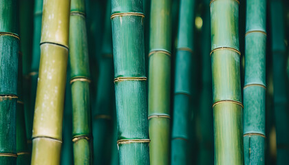 Obraz premium Close-up image of vibrant green bamboo stalks, showcasing natural textures and patterns.