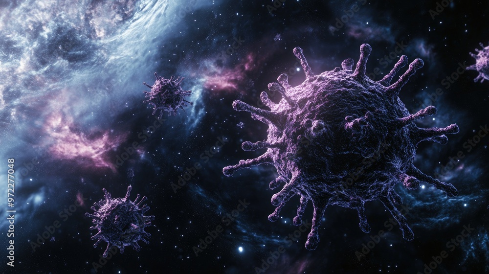 Poster virus model floating in space, isolated on a clean background with room for text.