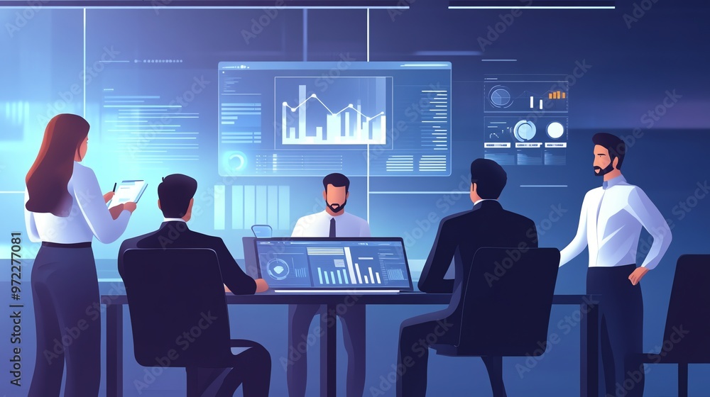 Poster business team analyzing data on a large screen.