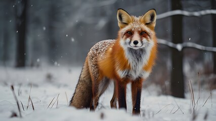 Fototapeta premium Fox on the winter forest meadow, with white snow.