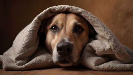 Dog under a blanket on a background of a brown wall.