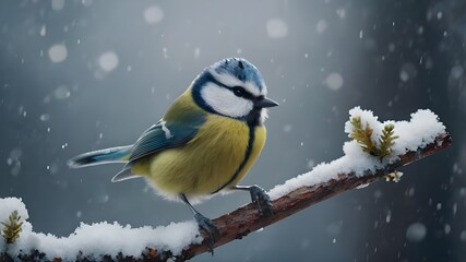 Obraz premium Snow winter with cute songbird. Bird Blue Tit in forest, snowflakes and nice lichen branch. First snow with animal. 