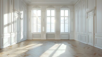 Fototapeta premium Elegant Empty Room with Large Windows and Sunbeams