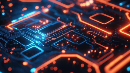 Obraz premium A close-up of a circuit board with glowing orange and blue lines, representing the flow of data and information.