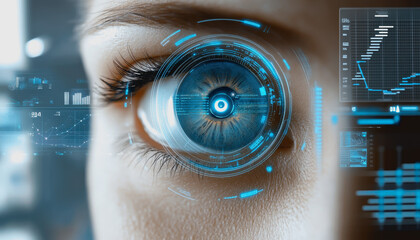 Futuristic biometric eye with holographic HUD, data overlays, and digital tracking elements