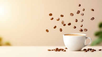Steaming coffee cup with floating coffee beans around, in front of an event banner, coffee, steam, International Coffee Day, celebration