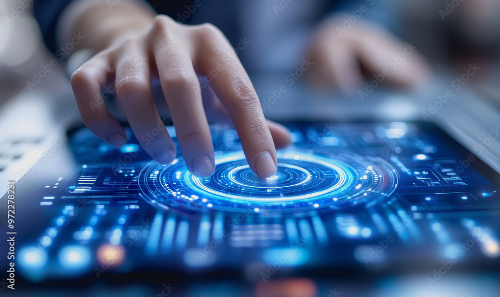 Poster touching a glowing futuristic interface, interacting with holographic technology and data