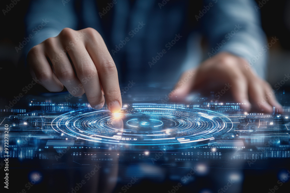 Poster touching a glowing futuristic interface, interacting with holographic technology and data