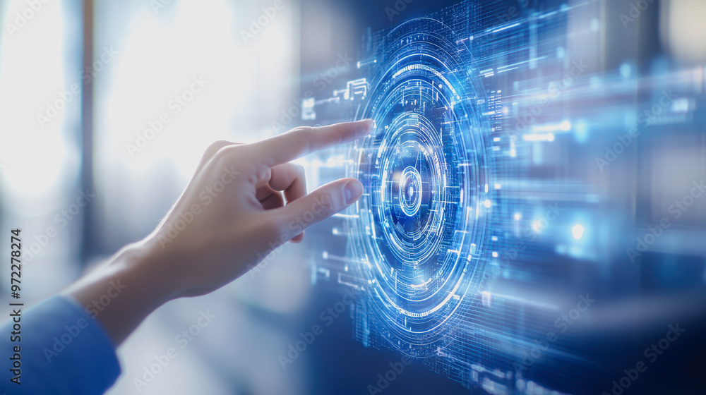 Poster touching a glowing futuristic interface, interacting with holographic technology and data