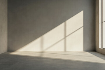 Empty room with a window providing natural lighting and casting shadows. Minimal residential interiors.