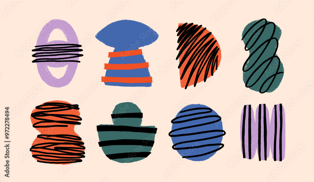 Fototapete Colorful Abstract Geometric Shapes with Hand-Drawn Lines and Bold Patterns. A vibrant illustration abstract geometric shapes. Ideal for modern design and artistic projects.