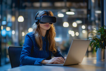 Woman using VR headset, interacting with invisible interface in modern office with laptop