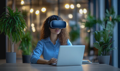 Woman using VR headset, interacting with invisible interface in modern office with laptop