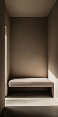Empty room with a window providing natural lighting and casting shadows. Minimal residential interiors.