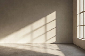 Empty room with a window providing natural lighting and casting shadows. Minimal residential interiors.