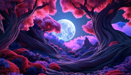 Fototapeta premium A whimsical forest filled with enormous, twisted trees, where colorful plants and vines glow softly in the moonlight, creating a dreamlike atmosphere