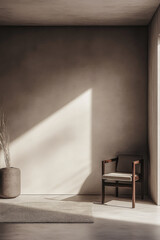 Empty room with a window providing natural lighting and casting shadows. Minimal residential interiors.