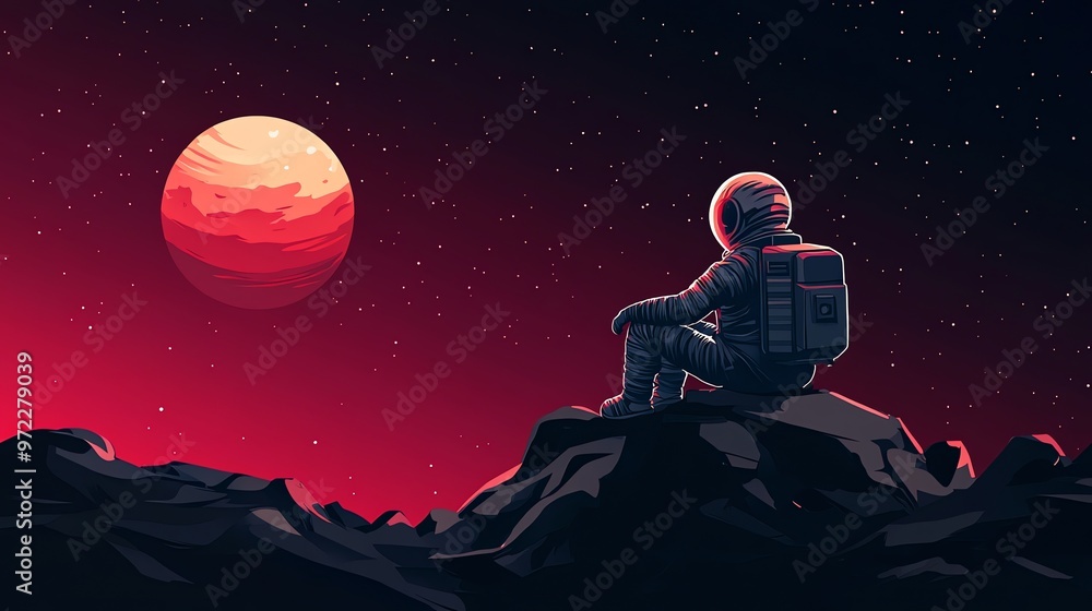 Poster an astronaut sits on a cliff looking out at a large red planet in the starry sky.