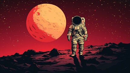 Obraz premium A lone astronaut walks on an alien planet, with a large red moon in the background and a starry sky.
