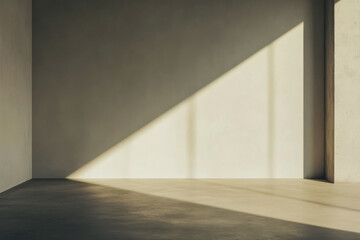 Empty room with a window providing natural lighting and casting shadows. Minimal residential interiors.
