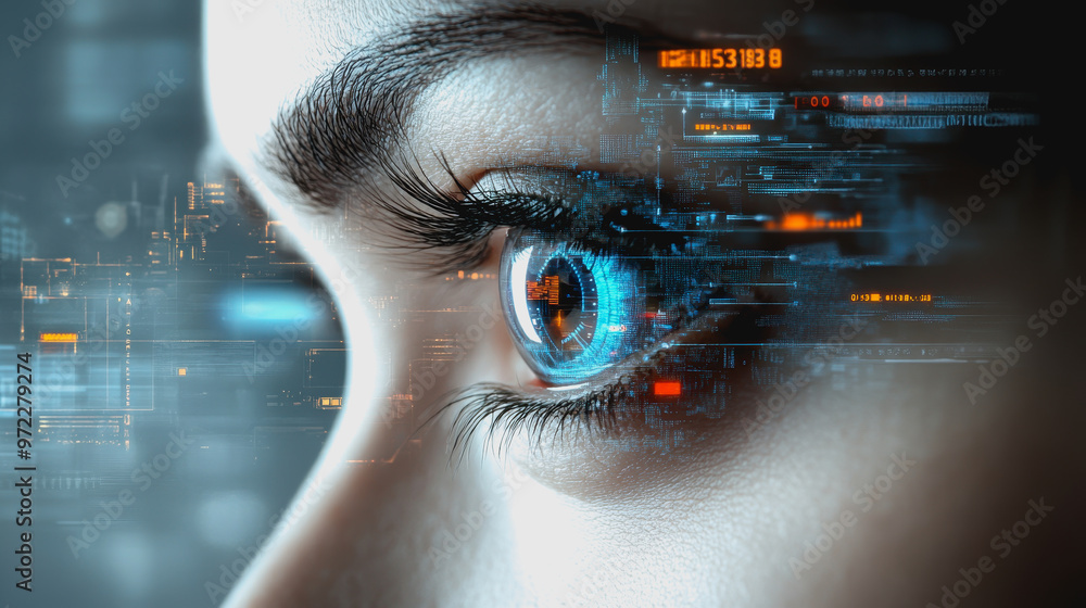 Poster eye interacting with futuristic hud display, biometric data, and digital interface elements