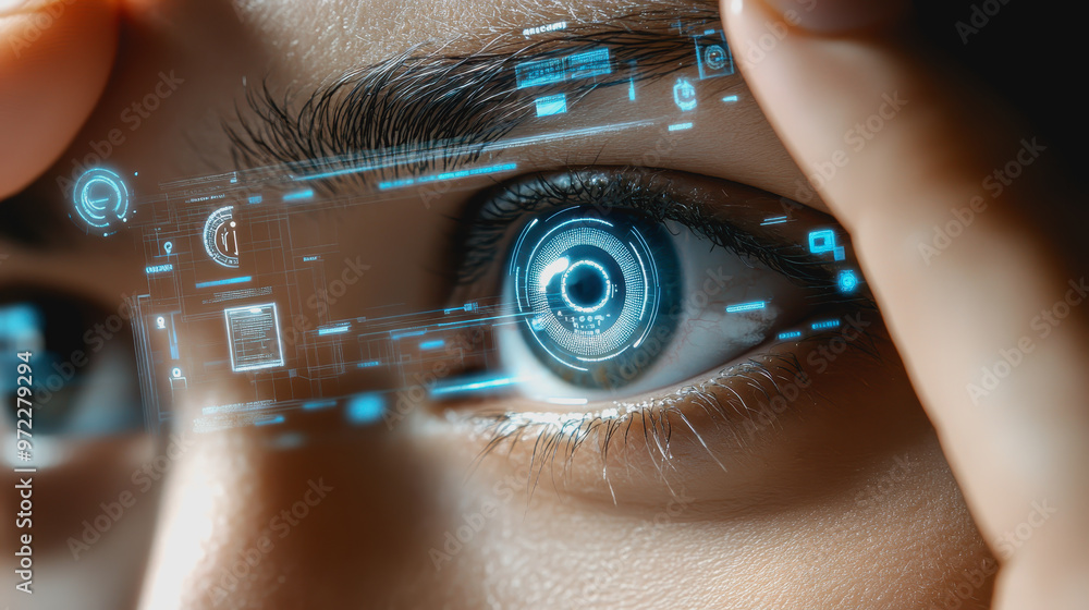 Poster eye interacting with futuristic hud display, biometric data, and digital interface elements