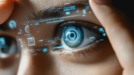 Eye interacting with futuristic HUD display, biometric data, and digital interface elements